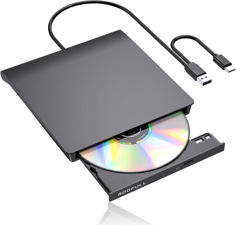 ROOFULL External CD DVD Drive for Laptop, USB 3.0 Type-C CD DVD Disc Reader Writer Burner, USB-C Portable CD DVD Player for Windows 11/10/7 PC Apple Mac MacBook Linux Computer, RF21-MAS - Image 1